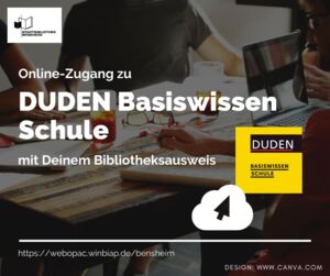 Schriftzug Duden Bassiswissen Schule. Im Hintergrund sieht man lernende Schüler.