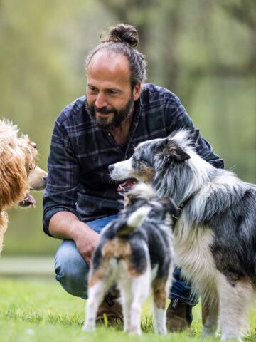 Jan Zander Sami El Ayachi kniend, von Hunden umgeben