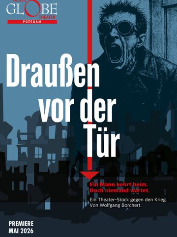 Schreiender Mann vor Trümmer Kulisse mit Schriftzug Draussen vor der Tür
