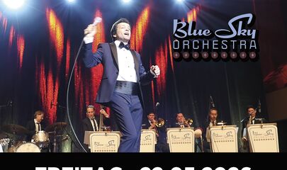 Veranstaltungsplakat mit Big Band im Hintergrund und Sinatra Imitator im Vordergrund auf Bühne, führt zum Kalendereintrag