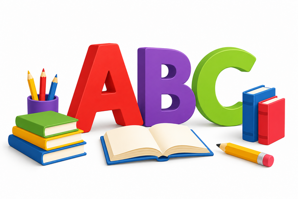 Bunte Buchstaben auf dem Boden liegend, A,B,C aufgestellt, führt zur Nachricht