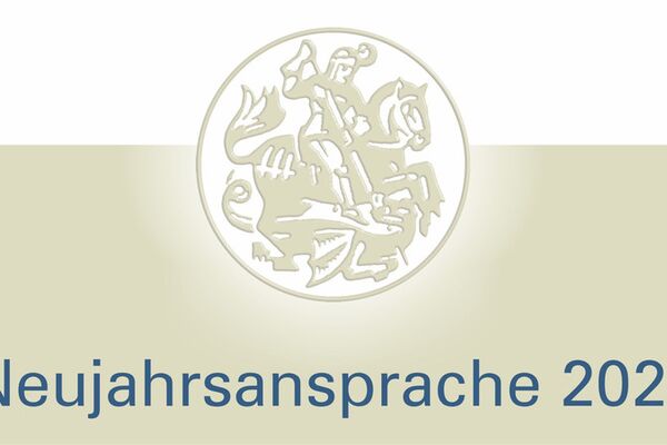 Stadtwappen in grün auf grünweißem Untergrund mit dem Begrif Neujahrsansprache Weiterleitung zu weiteren Informationen
